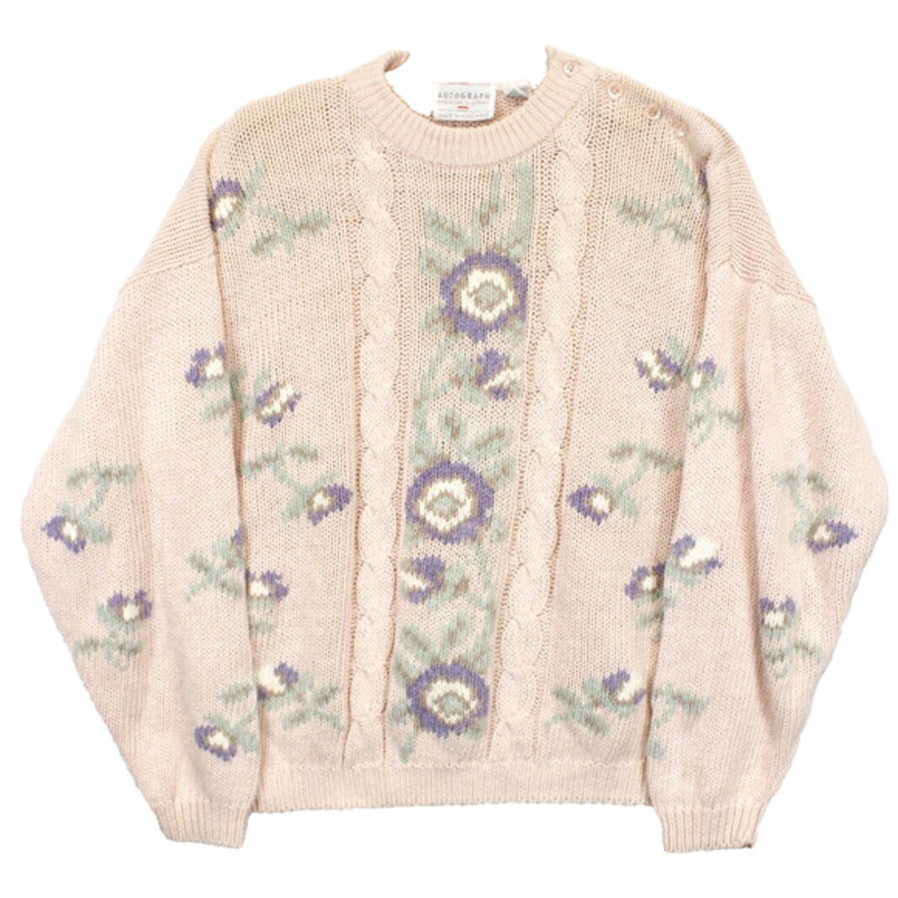 Vintage Autograph Sweater Womens L Floral Knit Cable Ramie‎ Cotton Hong Kong